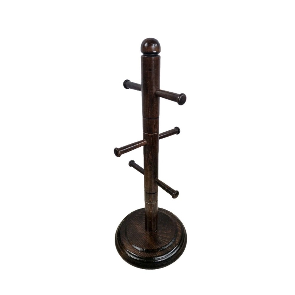VTG  Wooden 6 Peg Coffee Mug Rack Tea Cup Holder Dark Wood Tree Stand Cottage
